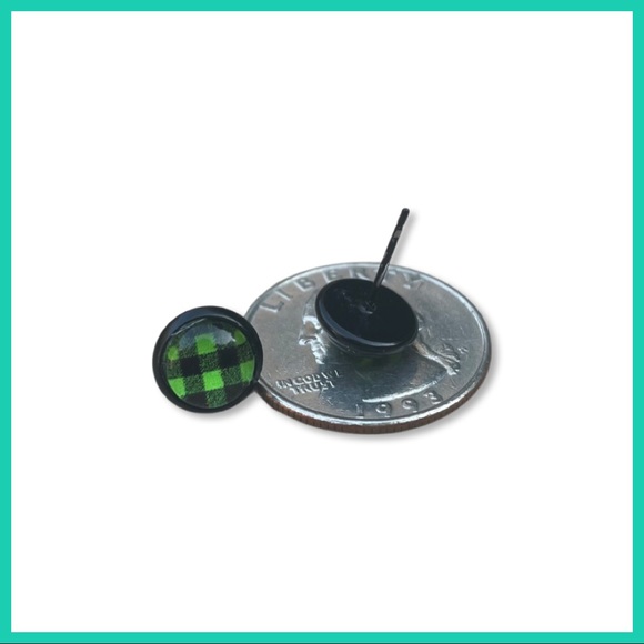 Tiny Neon Green and Black Buffalo Plaid Stud Earrings - small (8mm) - Picture 4 of 7
